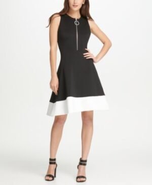 12101357_fpx Free Size Random Elegant Dress Colorblock Zipper Black Dress for Women