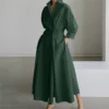 44e38740ef95fdd1f52fcbf2c66cf5e4.webp Free Size Random Women Long Sleeve Turn Down Collar Solid Color High Waist Casual Maxi Dress