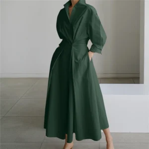 Free Size Random Women Long Sleeve Turn Down Collar Solid Color High Waist Casual Maxi Dress