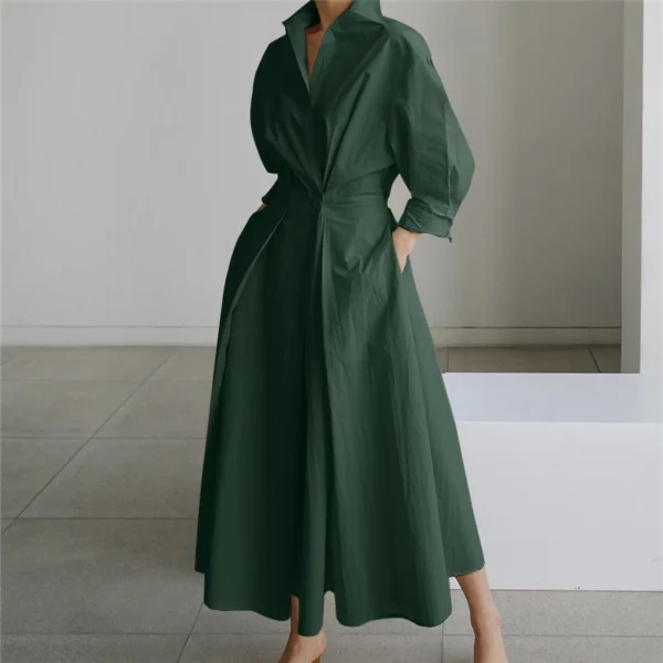 44e38740ef95fdd1f52fcbf2c66cf5e4.webp Free Size Random Women Long Sleeve Turn Down Collar Solid Color High Waist Casual Maxi Dress