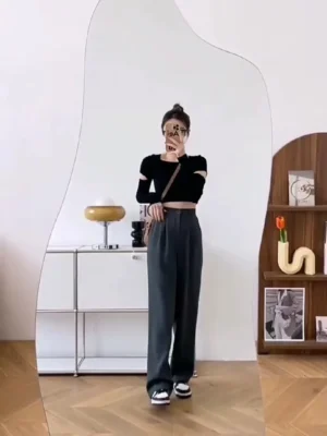 Korean Style Women Suit Pants High Waist Women Plus Size Pants Straight Trousers Plain Wide Leg Pants Ootd