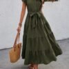 Free Sizze Random Casual Dress Button Ruffle Hem Spring summer Green Dress for Women