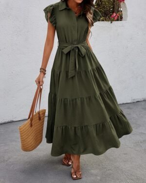 Free Sizze Random Casual Dress Button Ruffle Hem Spring summer Green Dress for Women