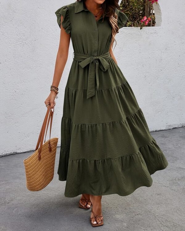 Free Sizze Random Casual Dress Button Ruffle Hem Spring summer Green Dress for Women