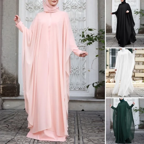 90b7f4159f9e7d1a74de024cd9d7183f.webp Free Size Random Women Solid Two Piece Bat Sleeve Vintage Muslim Maxi Dress