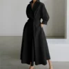 a9796d43f3a91ba3e394c7f4d05612a9.webp Free Size Random Women Long Sleeve Turn Down Collar Solid Color High Waist Casual Maxi Dress