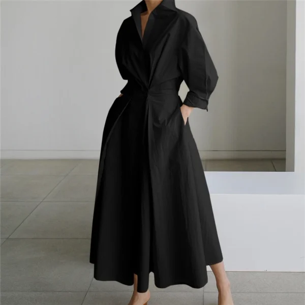 a9796d43f3a91ba3e394c7f4d05612a9.webp Free Size Random Women Long Sleeve Turn Down Collar Solid Color High Waist Casual Maxi Dress
