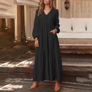 Free Size Random Women Sleeve V Neck Vintage Solid Color Side Pockets Cotton Casual Baggy Maxi Dresses