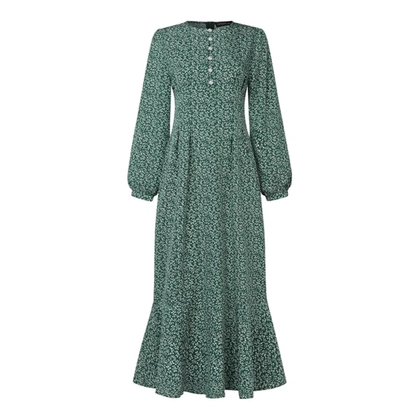 Free Size Random Women Casual Full Sleeve O Neck Front Buttons Back Zipper Slim Waist Floral Long Dress