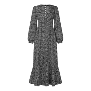 Free Size Random Women Casual Full Sleeve O Neck Front Buttons Back Zipper Slim Waist Floral Long Dress