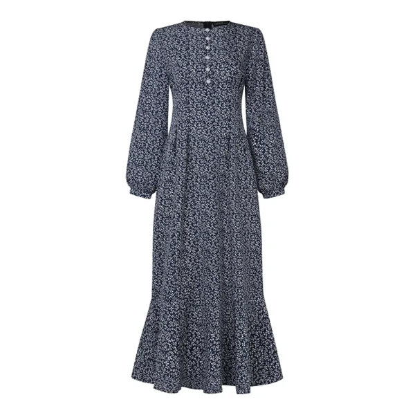 Free Size Random Women Casual Full Sleeve O Neck Front Buttons Back Zipper Slim Waist Floral Long Dress