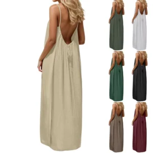 Free Size Random Women s Spaghetti Strap Backless Loose fitting Resort Style Long Dress