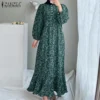 Free Size Random Women Casual Full Sleeve O Neck Front Buttons Back Zipper Slim Waist Floral Long Dress