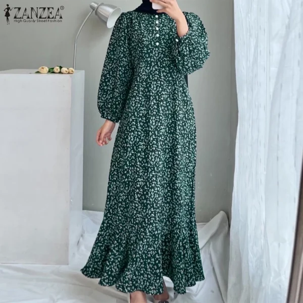Free Size Random Women Casual Full Sleeve O Neck Front Buttons Back Zipper Slim Waist Floral Long Dress