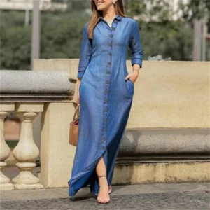 Free Size Random Women s Elegant Long Sleeve Dress Solid Color Long Denim Dress