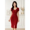 sg-11134201-821es-mh9blcat64952b.webp Fashion Female Women s Mini Bodycon V Neck Short Sleeve Mushroom Button Knit Dress