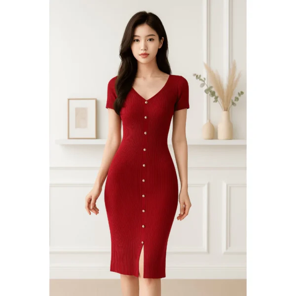 sg-11134201-821es-mh9blcat64952b.webp Fashion Female Women s Mini Bodycon V Neck Short Sleeve Mushroom Button Knit Dress