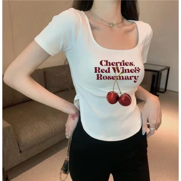 Women's T-Shirt U-Neck Plus Size Clothes Fashion Crop Top Cherry Print Shirt Free Size